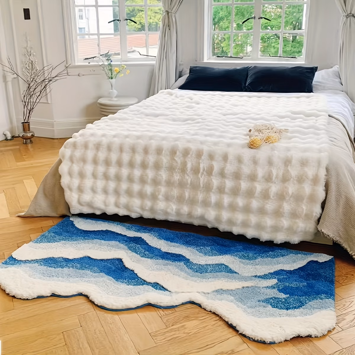 1850g m thickened and dense tufted flocked carpet with tpr non slip backing art ocean carpet irregular outline with and white like soft comfortable non slip water absorbent for bedroom living room decor Product details 1
