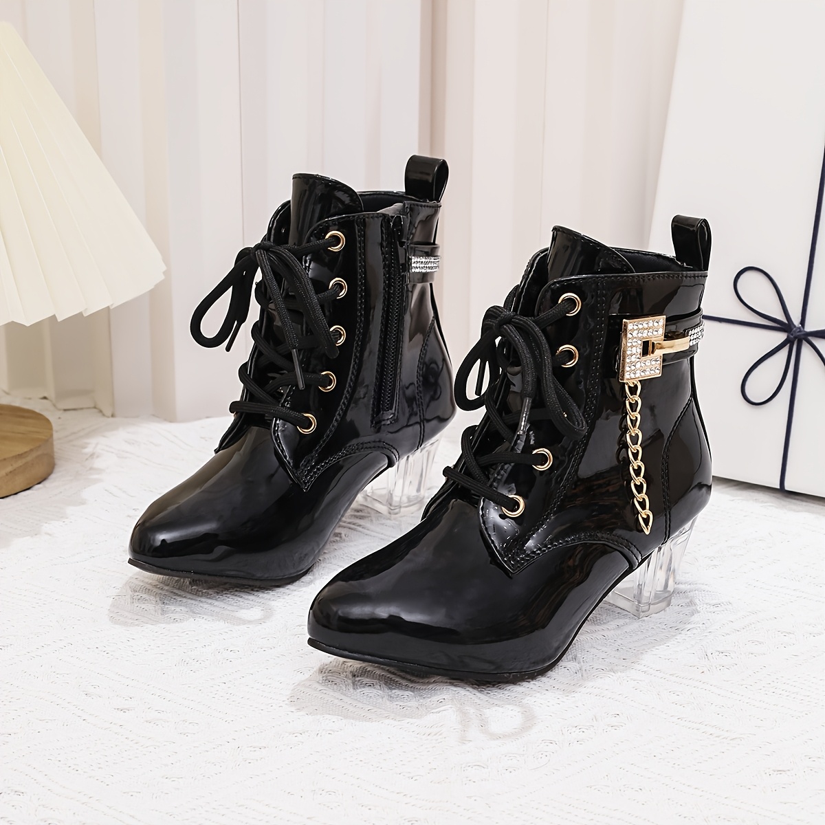 

Elegant Women' Cover Ankle Boots With Chain Detail - , Lace-up & Side Zipper, Comfortable Mid-heel, Pointed Toe, Tpu Sole, Chic Footwear|chain Detail Boots| Cover Boots