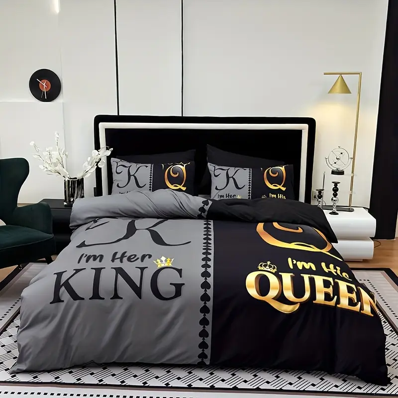 king queen crown themed duvet cover set 3pcs polyester bedding set with 1 comforter cover 2 pillow shams machine washable breathable fabric cozy bedroom accessory christmas present details 2