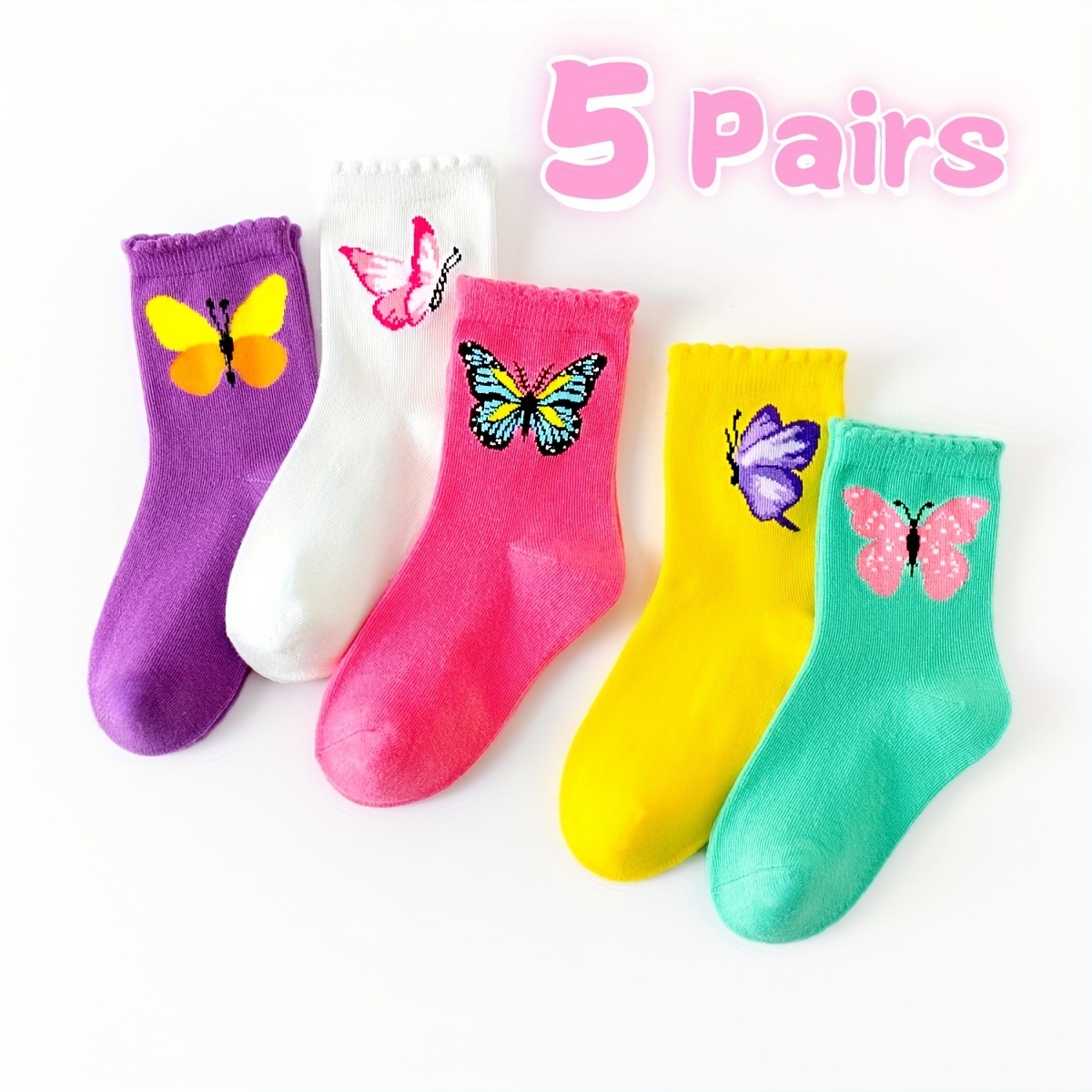 

Butterfly Pattern 5 Pairs Girl's Short Crew Socks, Breathable Comfy Casual Socks Sweat-absorbing Fashion