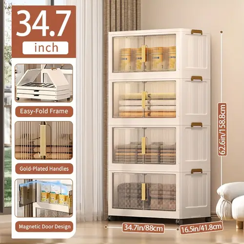3 4 5 tier extra large 34 7 inch plastic storage cabinet stackable bins with doors wheels foldable space saving organizer for bedroom living room kitchen office bathroom dorm home and outdoor use