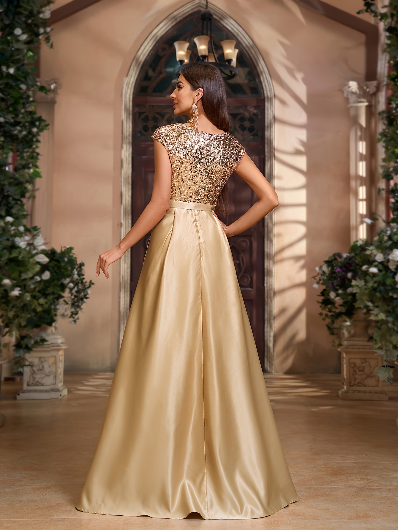 formal dress for 60th birthday Formal 60th Birthday Birthday Bash Outfits Satin Gold Hollywood Night Dress  V-neck Short Sleeve, Bow