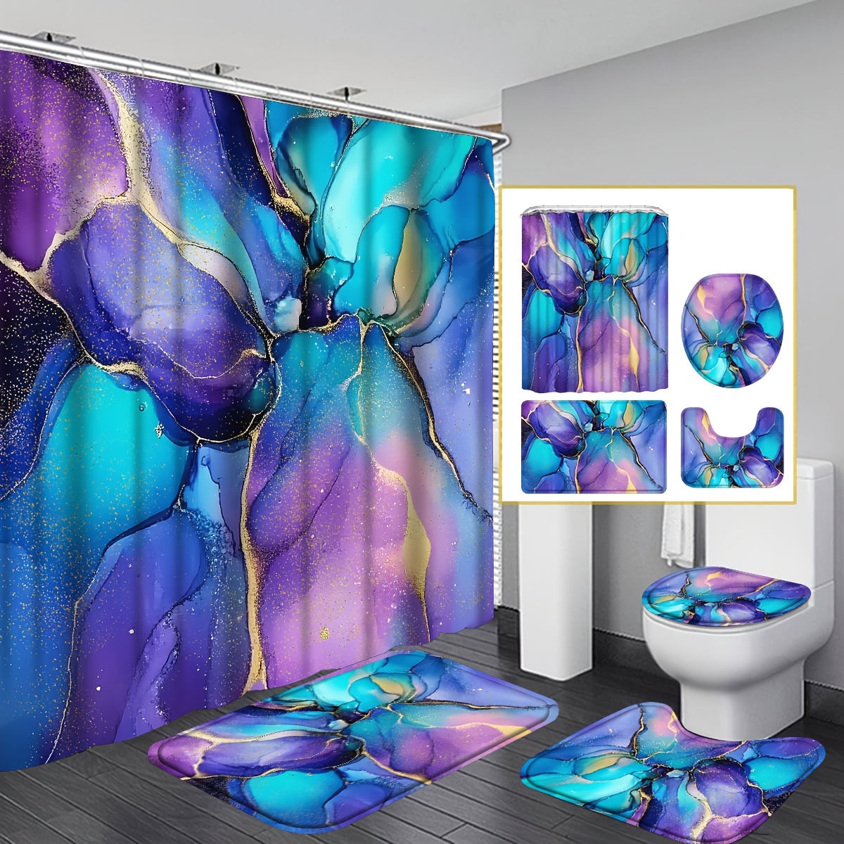 TEMU 4pcs Marble Shower Curtain And Bath Accessories - Marble Bathroom Curtain Suitable For & With Non-slip Rugs, Toilet Cover, U-shaped Mat & 12