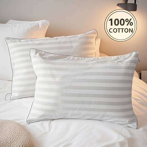 2pcs 100 cotton 500 2cm striped pattern satin zippered pillowcase set gray piping soft and comfortable