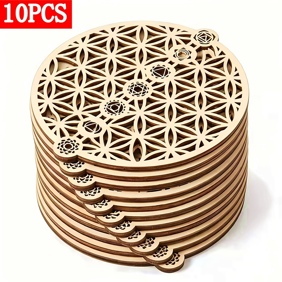 TEMU Juego de 10 piezas de decoraciones de madera hueca con flor de mandala, adecuadas para pared, mesa de comedor, de meditación, posavasos y