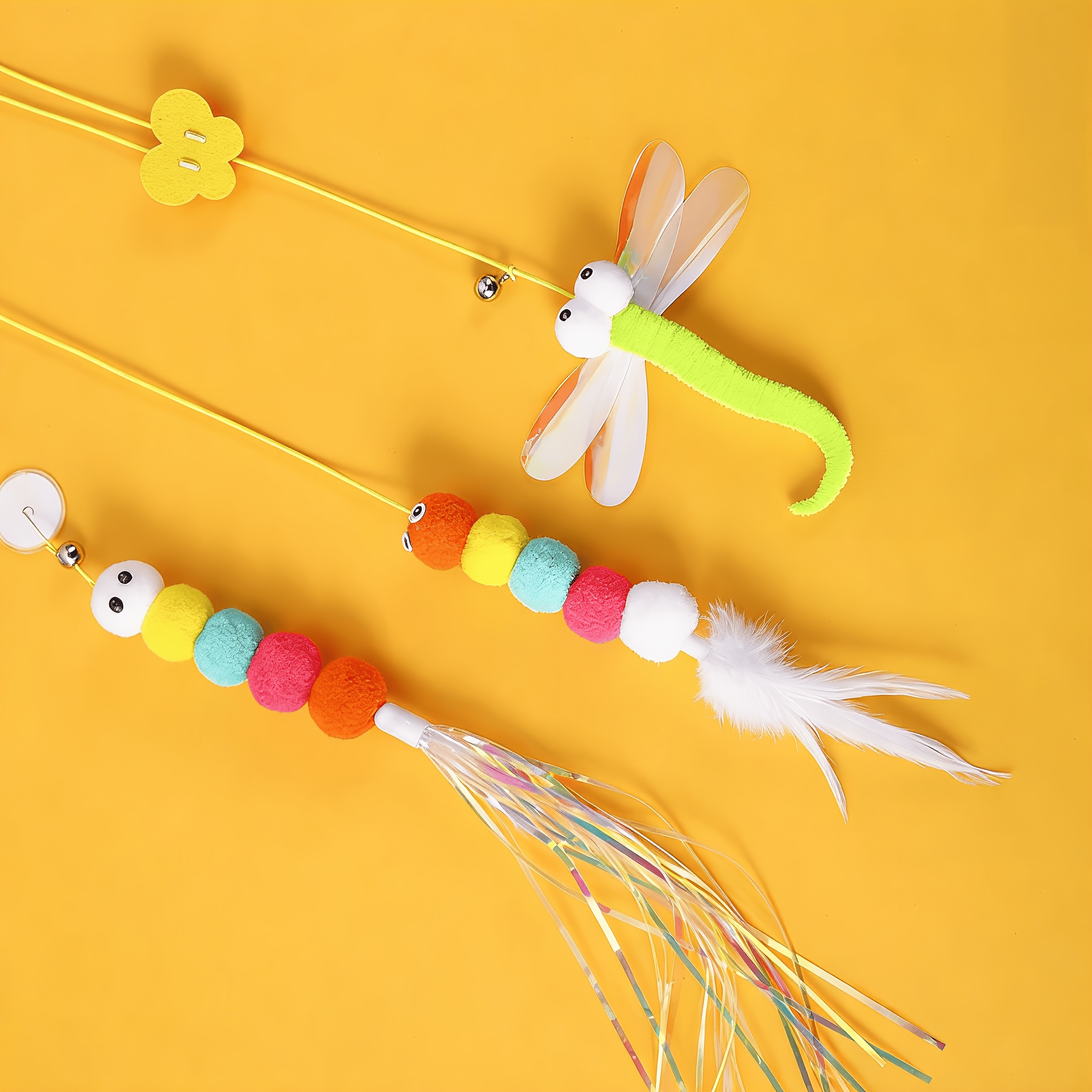 TEMU 3pcs Retractable Door Hanging Cat Teaser Wand, Colorful For Caterpillar & Dragonfly Interactive Kitten Toys , Plush Hanging Cat Toy Set For