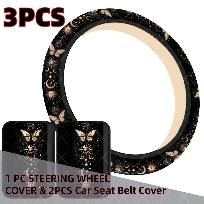 TEMU 3pcs Sun Steering Wheel Cover & Seat Belt Pads, Boho Mystical Astrology Style, Made Of Polyester Fiber | Includes 1 Universal Car Steering Wheel