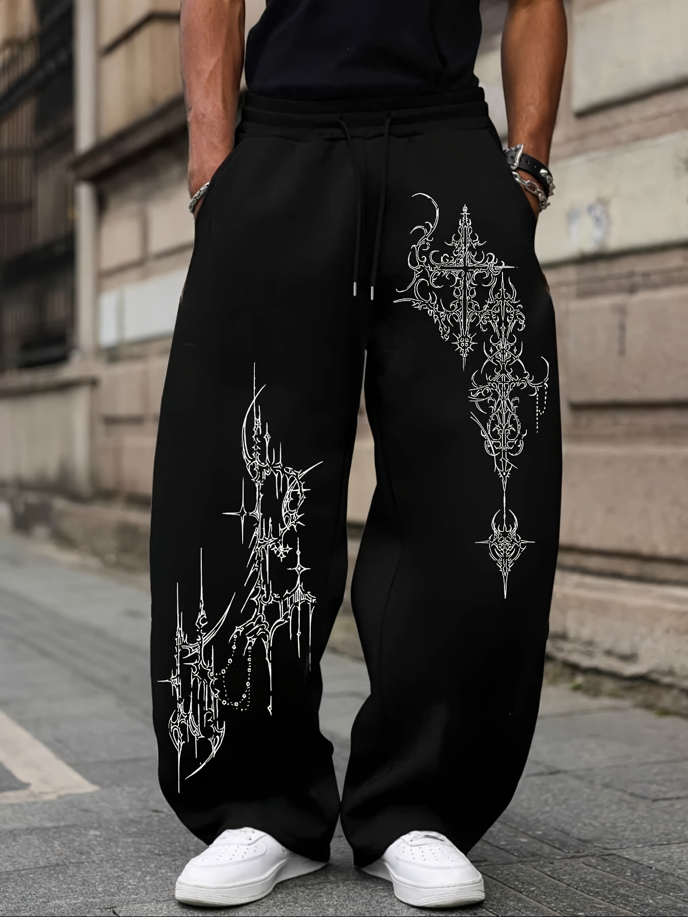 mens gothic style joggers with elastic drawstring waist loose fit winter pants suitable for streetwear casual wear gothic geometric pattern trousers machine washable loose fit pants