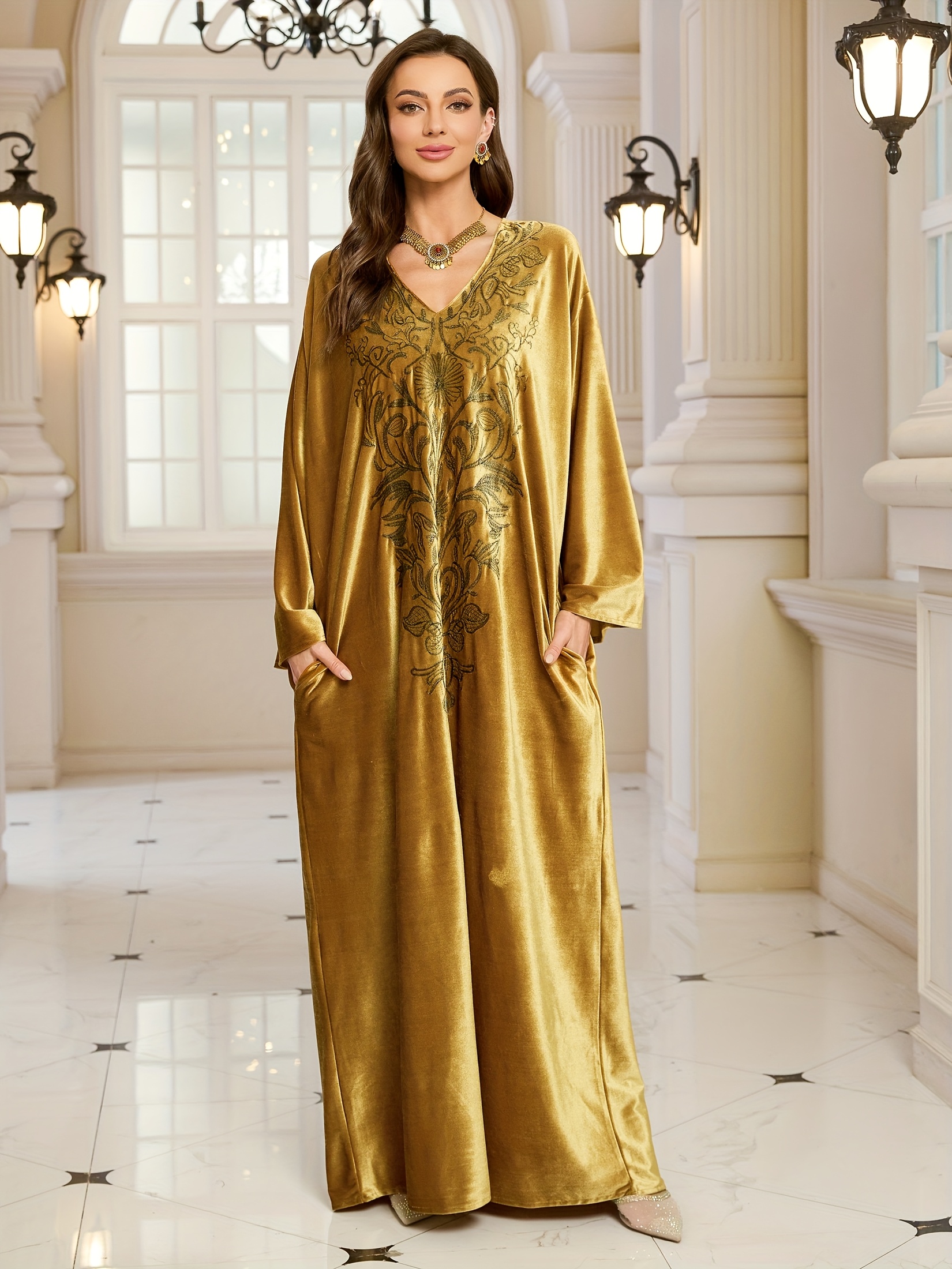 golden embroidered long sleeve kaftan dress elegant - Temu