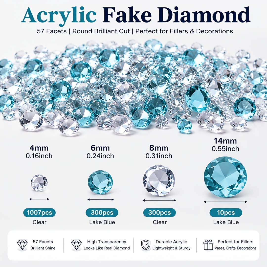 TEMU 1617pcs Lake Blue Acrylic Fake Diamonds Suitable For Wedding Decorations, Vase Filler Stones, Bridal Shower & Christmas Party Gems, Vase Fillers