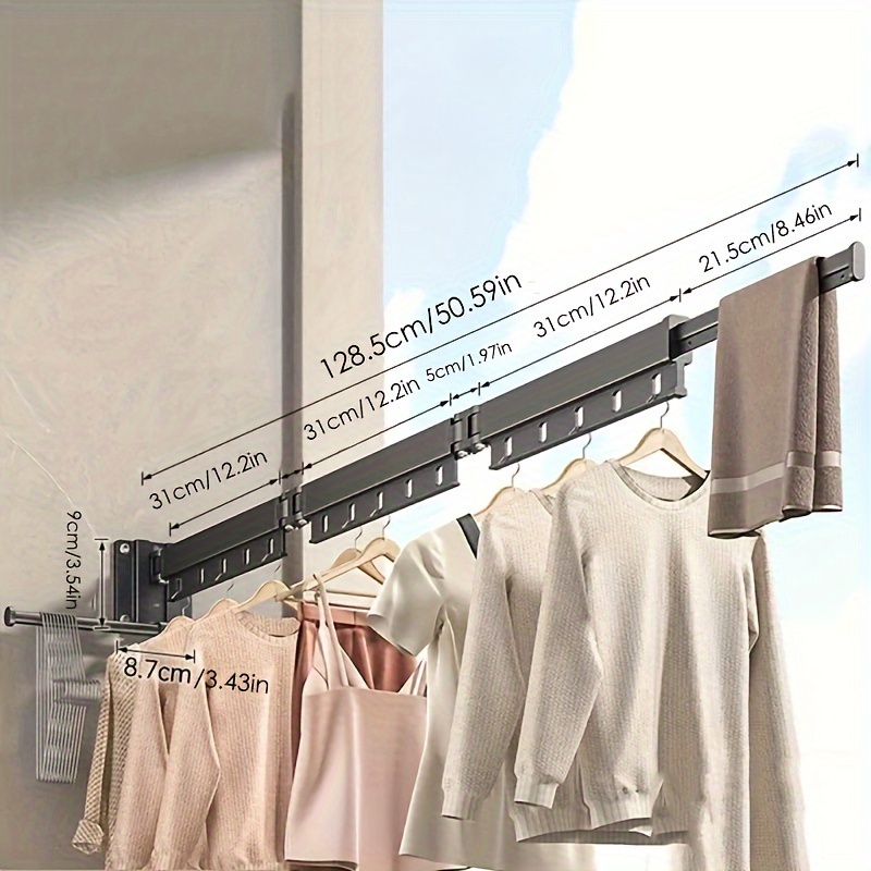Wall Mounted Aluminum Drying Rack, 1 Piece Foldable Clothes Hanger for Indoor &amp; Outdoor Use - Space Saving, No Drilling Required, Extendable Laundry Rack with Wall Mount Design