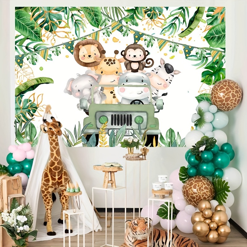 

1pc, Safari Jungle Animals Theme Party Backdrop, Happy Birthday Polyester Background, Birthday Party Decoration Green Forest Wild 1 1st Birthday Supplies