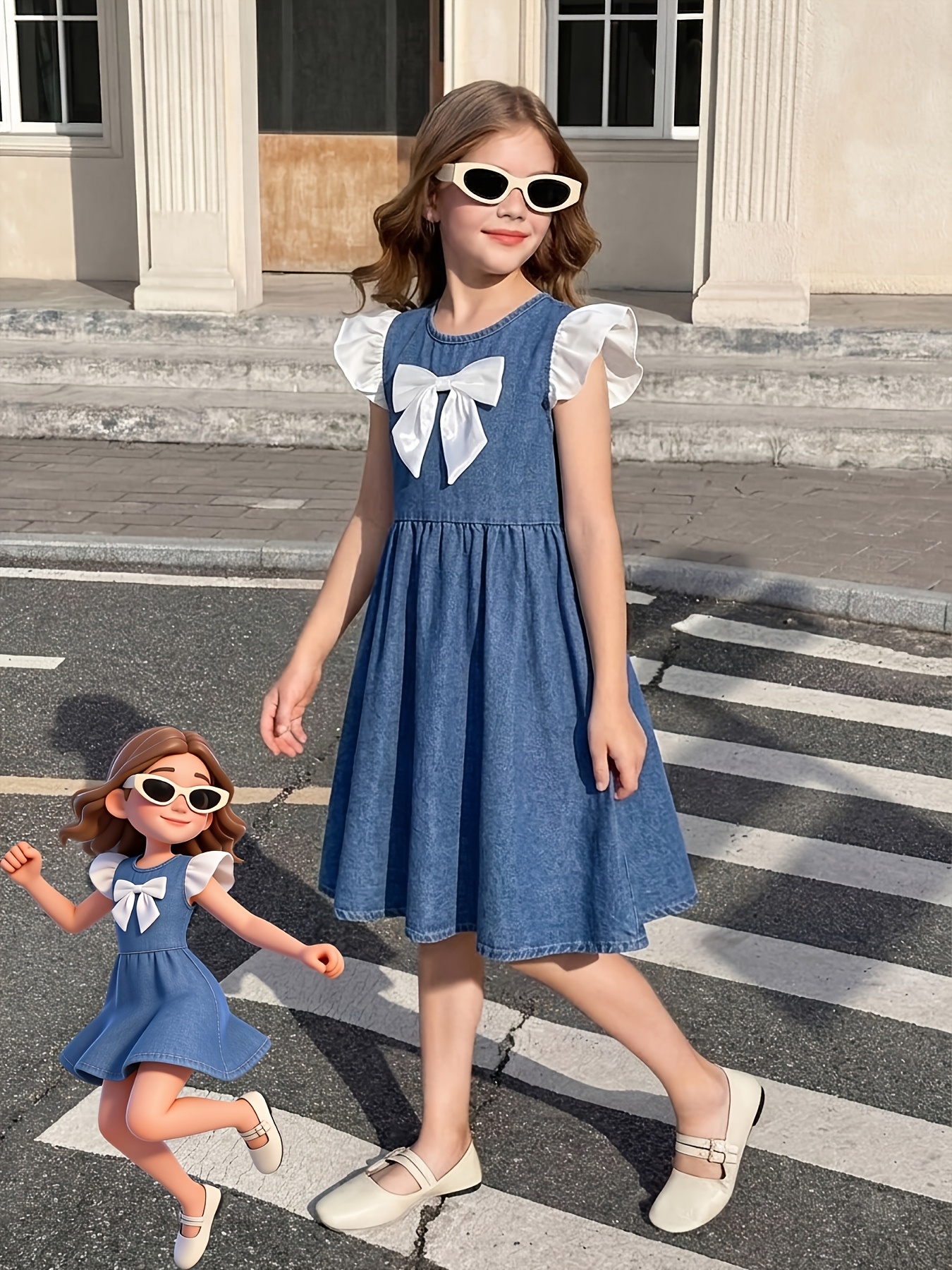 knee length dresses for ladies Pansy Scoop Neck Flounce Hem Maxi Dress Denim main image 0