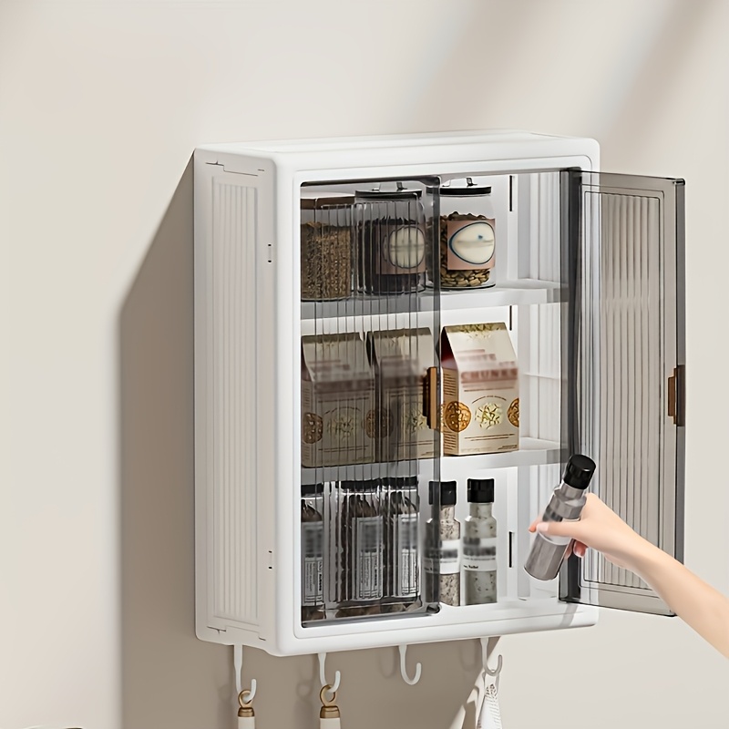 foldable wall mounted storage cabinet no drill plastic organizer with clear doors for bathroom kitchen dustproof waterproof display shelf for cosmetics and essentials spice rack foldable design durable organizer bathroom organizers and storage shelves Product details 4