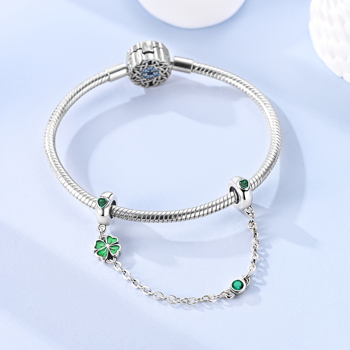 Uniquely Designed Silvery-Colored Charm Beads, Clover Safety Chain