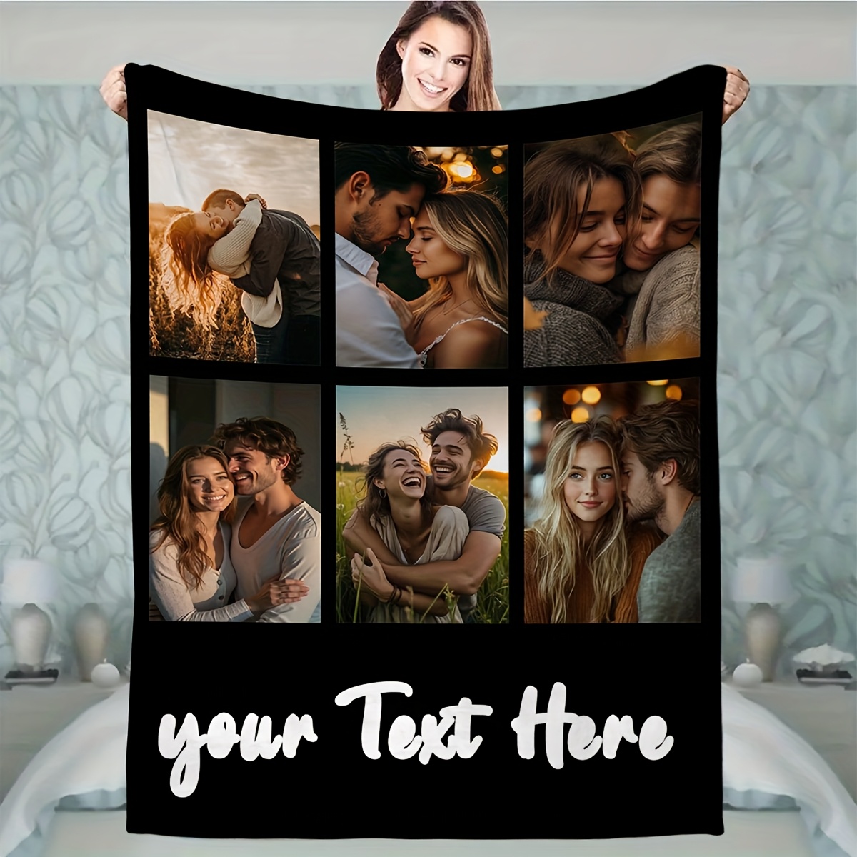 TEMU 6-panel Custom Flannel Blanket With Personalized Images And Text, Soft And Comfortable, Suitable For , Ideal For Sofas, Living Rooms, Travel,