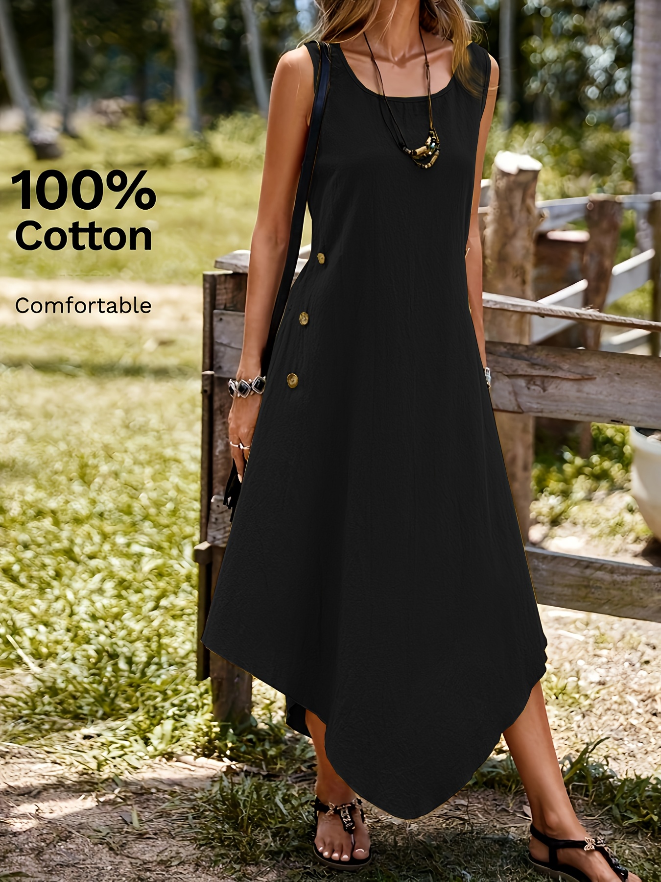 γυναικείο αμάνικο μίντι φόρεμα - κομψό καλοκαιρινό φόρεμα με στρογγυλή λαιμόκοψη και λεπτομέρειες με κουμπιά, ανοιχτό γκρι casual στυλ για casual ντύσιμο, άνετη εφαρμογή, casual καλοκαιρινή ενδυμασία | κομψό αμάνικο φόρεμα | φόρεμα άνετης εφαρμογής Στοιχεία είδους 0