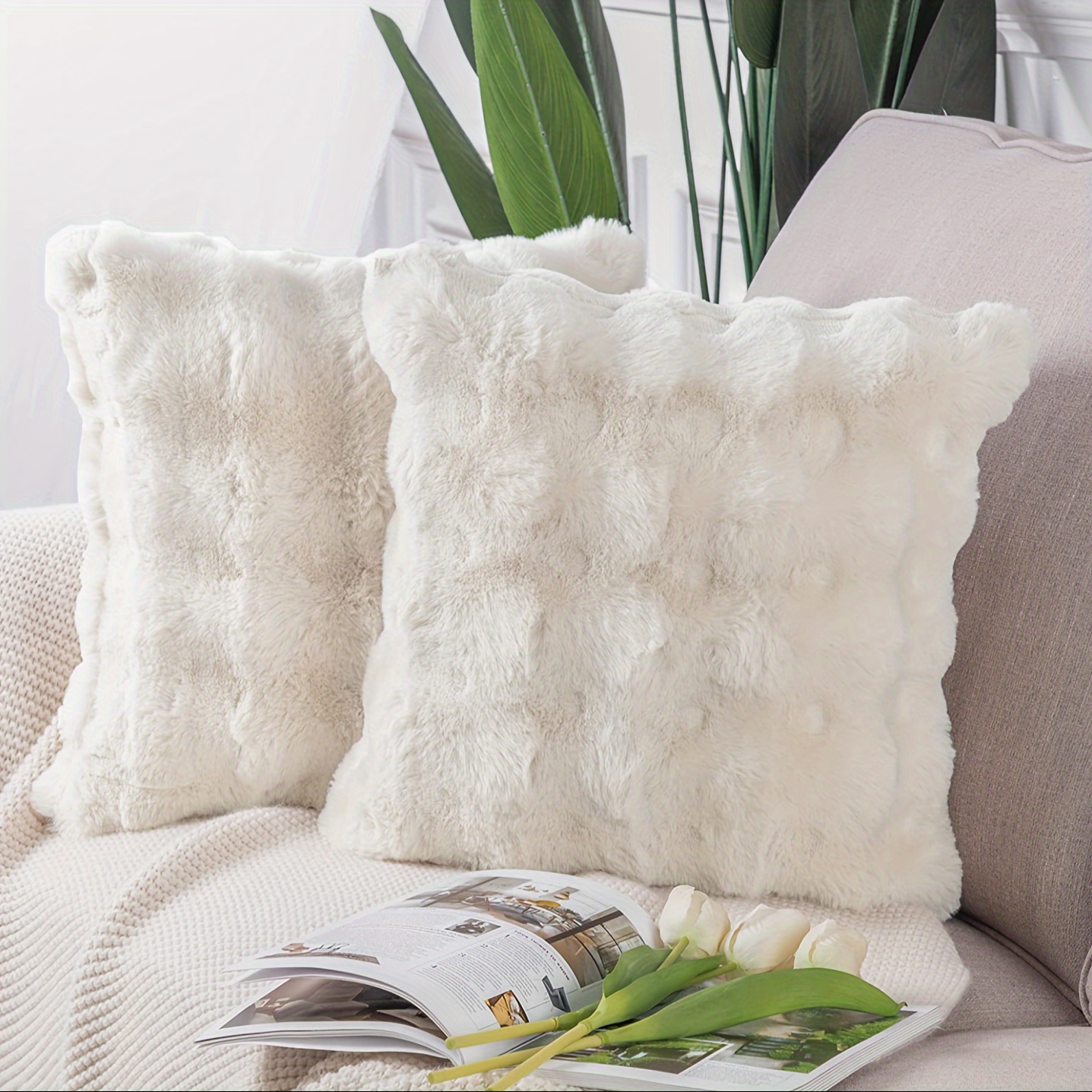 

Boho-chic Ultra-soft Faux Rabbit Fur Pillow Cover, Single-sided Plush Cushion Case For Sofa & Car Decor, Zip Closure, Geometric Pattern - Hand Wash Only (pillow Insert Not Included)
