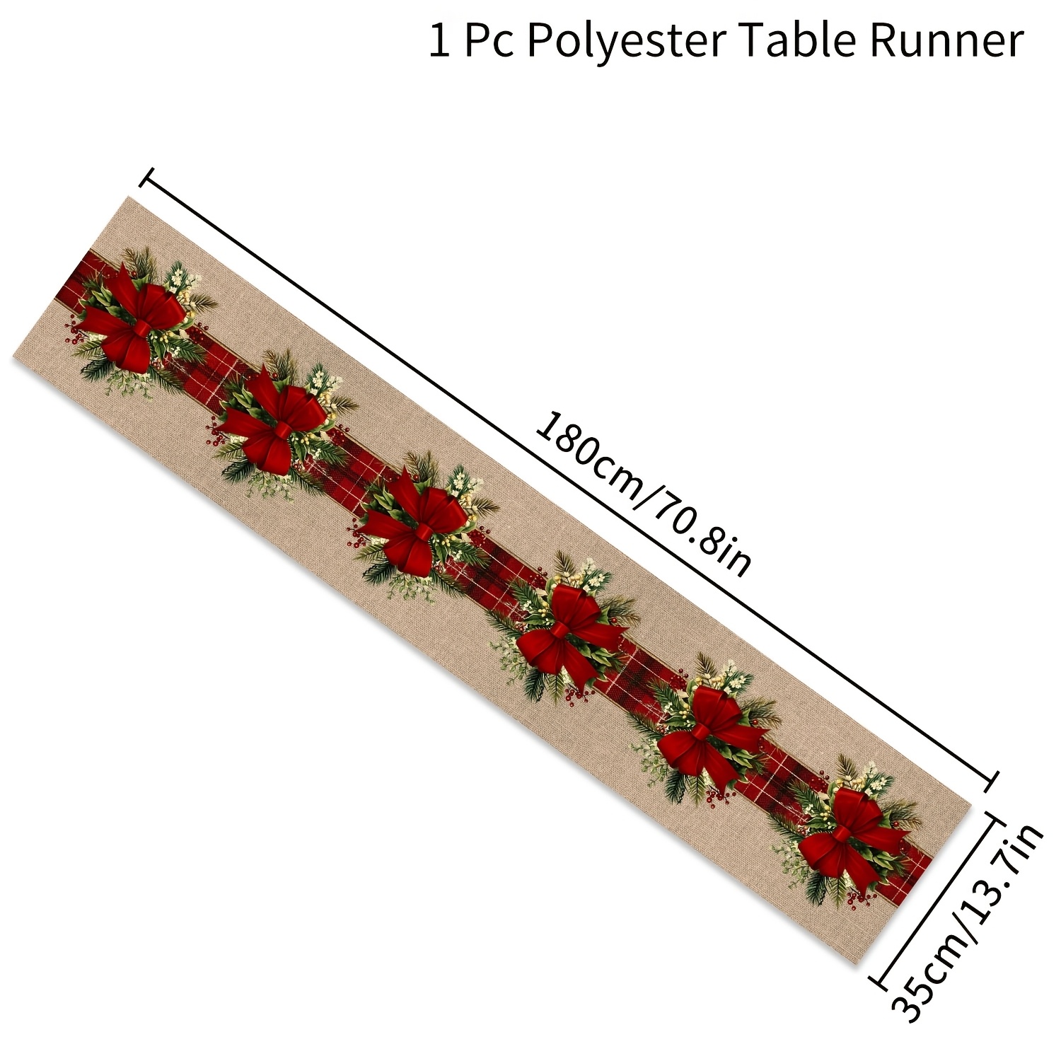 TEMU Polyester Table Runner, 2d Printed Red Bow Pine Branch Pattern, Vintage Christmas Holiday Table Decoration, For Dining Table, Coffee Table,