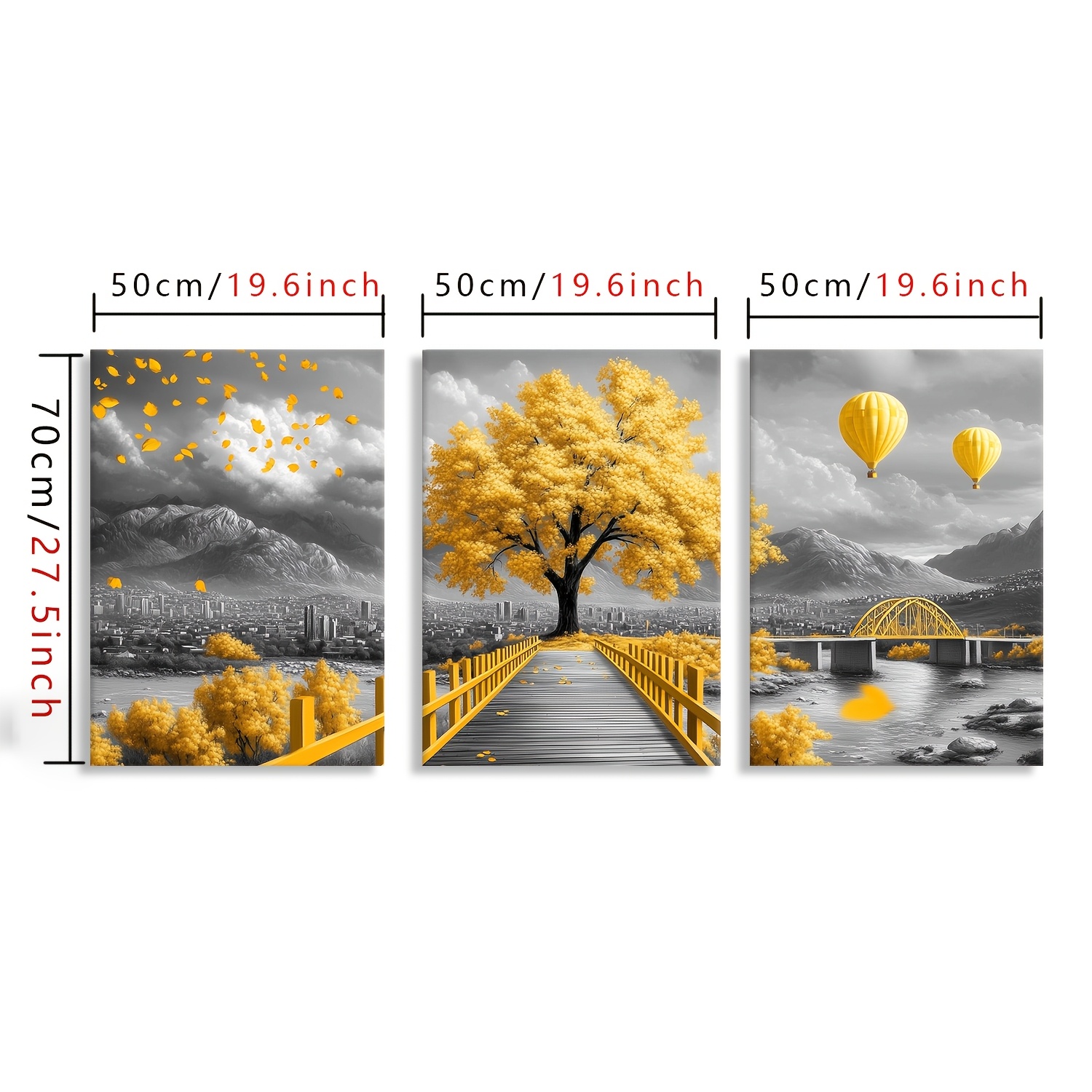 TEMU 3pcs Stunning Black And White With Yellow Autumn Tree Canvas Art Set Scenic Bridge, Hot Air Balloons, And Mountain Landscape, A Must-have For