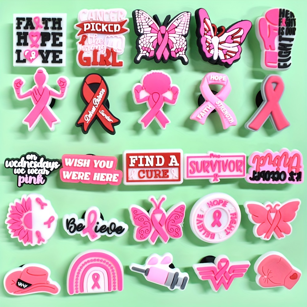 

25pcs/set Fight Breast Cancer Awareness Shoe Decoration Charms, Detachable Plastic Diy Accessories For Clogs Sandals, Beach Bags
