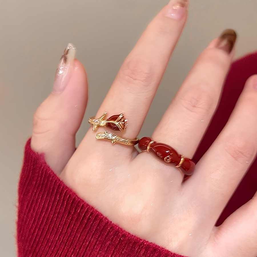 Red Rose Open Ring Adjustable Band October Birthstone Plastic Jewelry