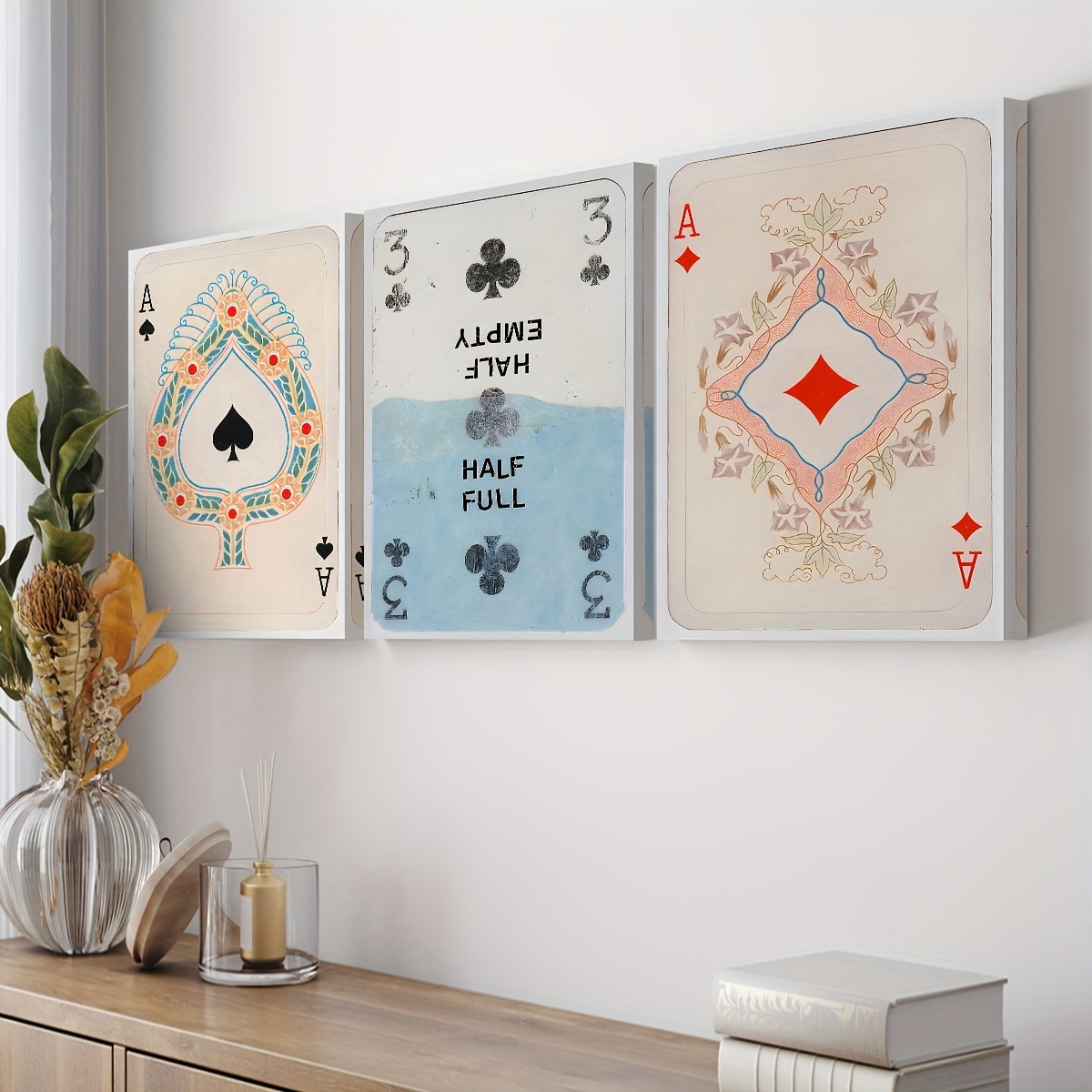 

3pcs Retro Wall Art Set, Poster, Queen Of Hearts Wall Art, , Vintage Playing Cards Art Canvas Decor