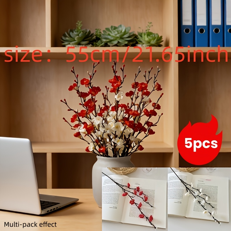 TEMU 5pcs (total 50 Flowers) Red And White Artificial , Spring Decoration - Suitable For Home Decoration, Living Room, Office, Window Sill, Garden,