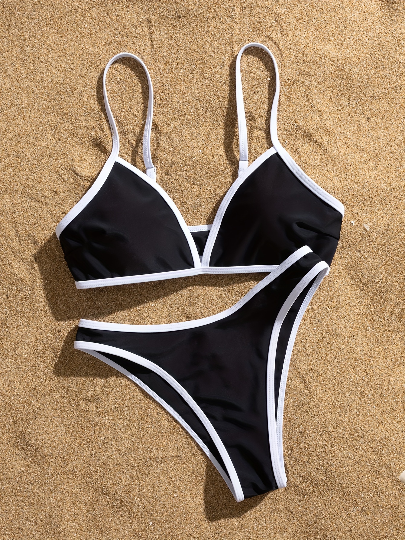 Contrast Trim 2 Piece Set Bikini, V Neck Stretchy High Cut Swimsuits, Women's Swimwear & Clothing