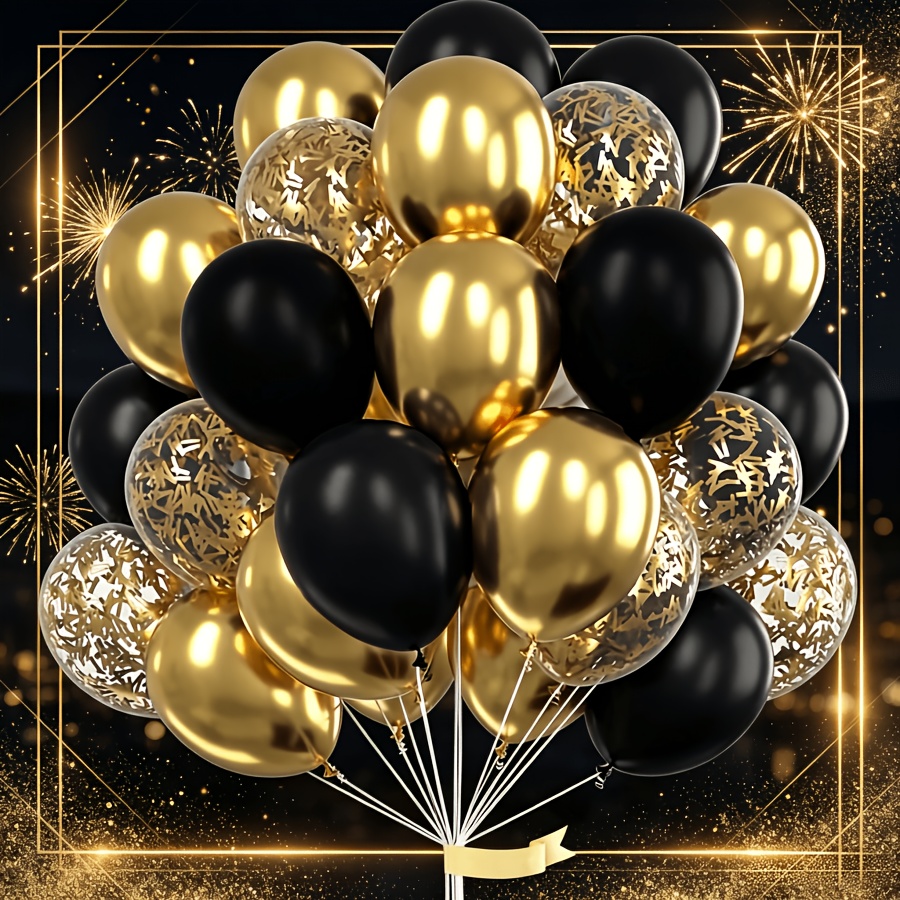 TEMU 50 globos de látex negros y dorados, globos de lentejuelas en tira larga dorada de 12 pulgadas, adecuados para decoraciones de , Navidad,