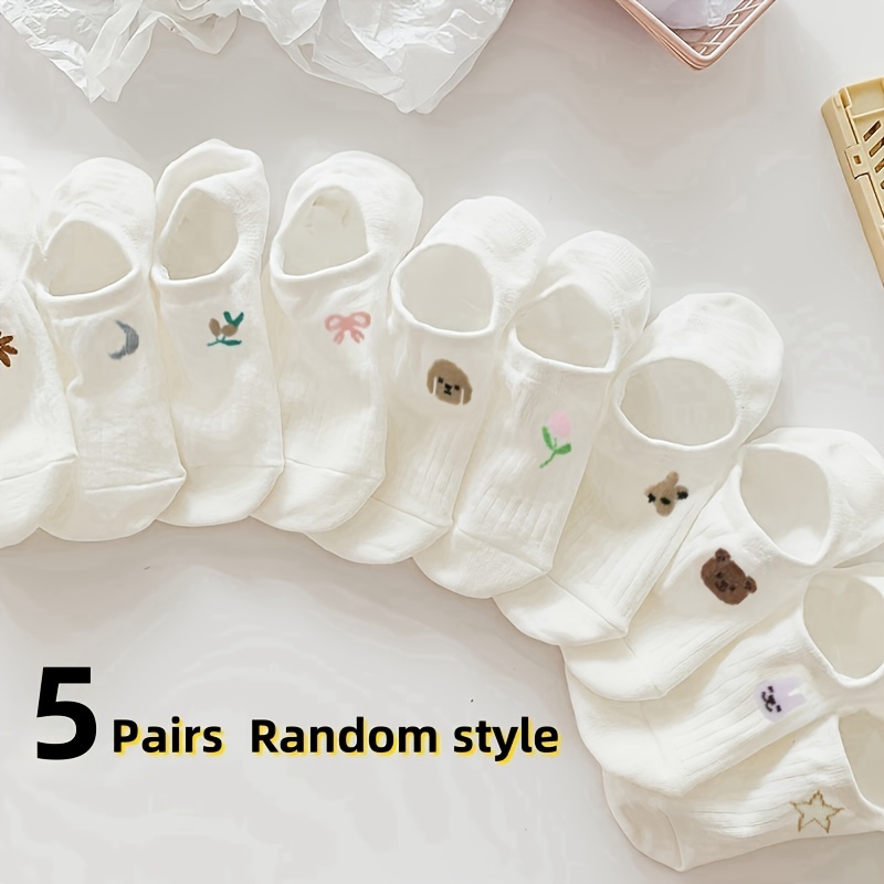 TEMU 5/10-pair Random Shallow-cut Boat Socks, Spring/summer, Breathable, Invisible, Non-slip Heel Socks For Women, Versatile And Cute Socks
