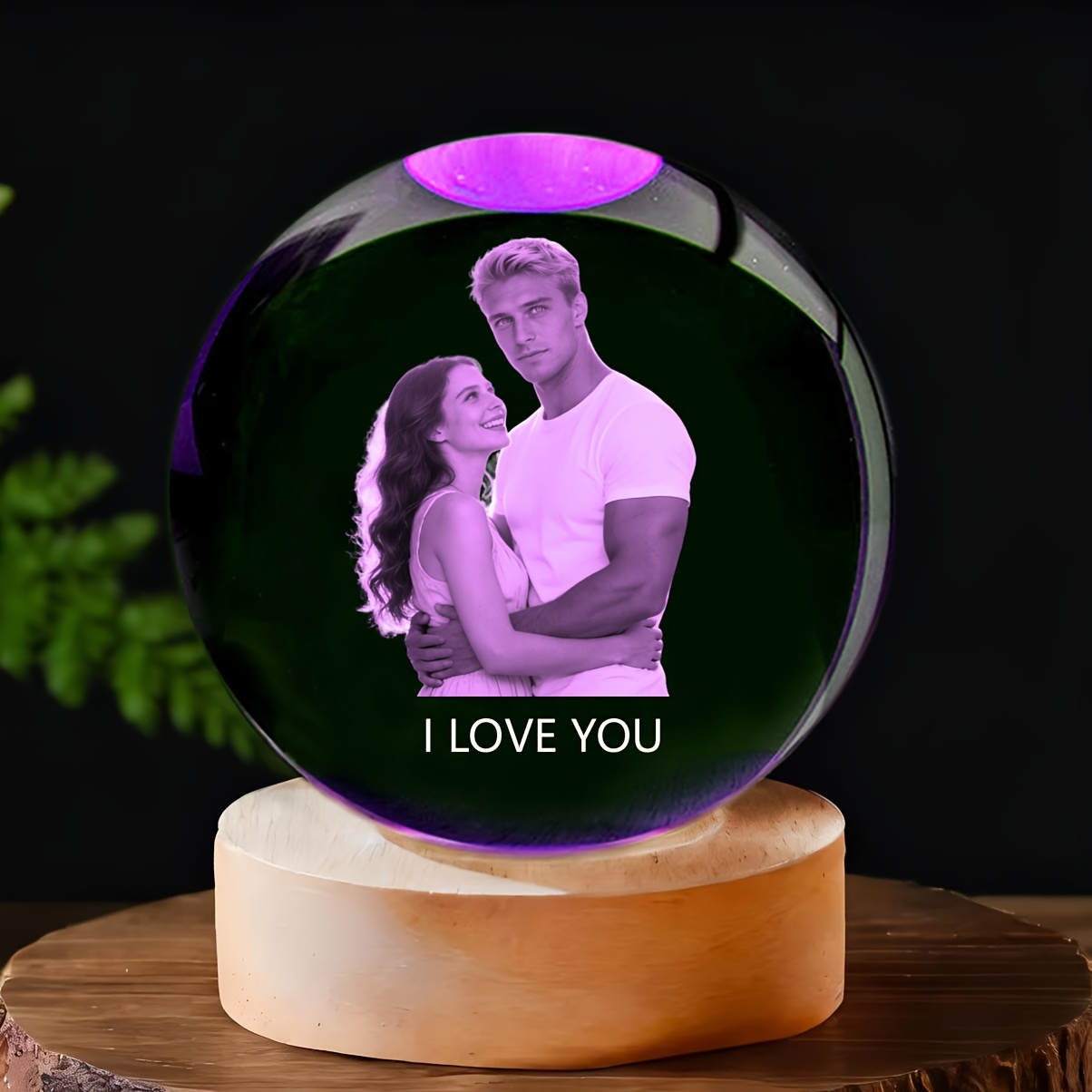 TEMU 1pc Custom Photo Crystal Ball With Wooden Base, Engravable, For Bedroom, Living Room, Office, Home Decor, Nursery Night Light, Usb Powered With