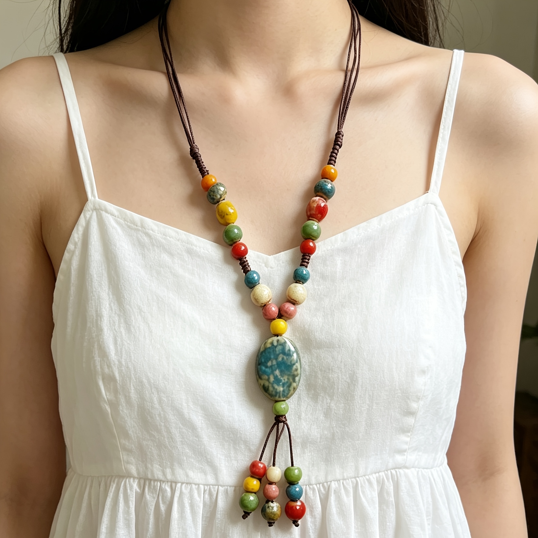 Bohemian Long Ceramic Necklace for Women, Handcrafted Gift
