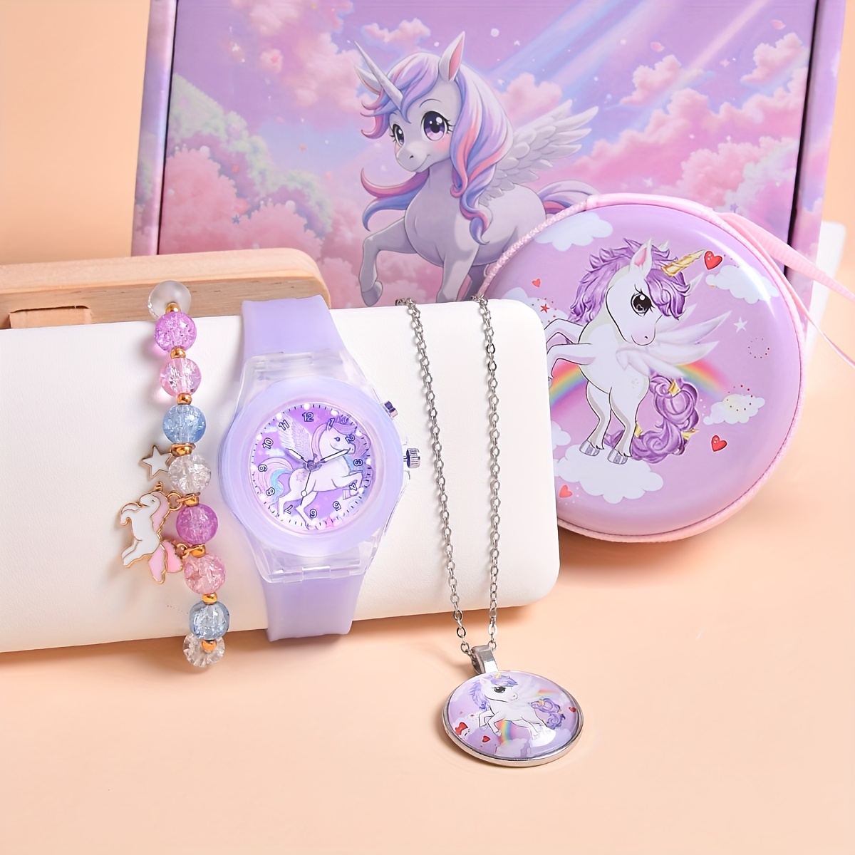 Image of Girls Presents With Gift Box Fashion 4pcs/set Cute Cartoon Pony Children Kids Quartz Watch Soft Silicone Belt Flash Luminous Wristwatch With Necklace Bracelet Wallet Coin