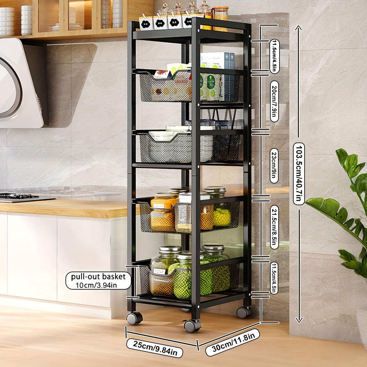 Image of Slim Storage Cart 3/5 Tier Narrow Kitchen Rolling Cart On Wheels For Small Space, Mobile Spice Rack Seasoning Organizer Utility Serving Cart For Kitchen Bathroom Laundry, Black, Utility Racks