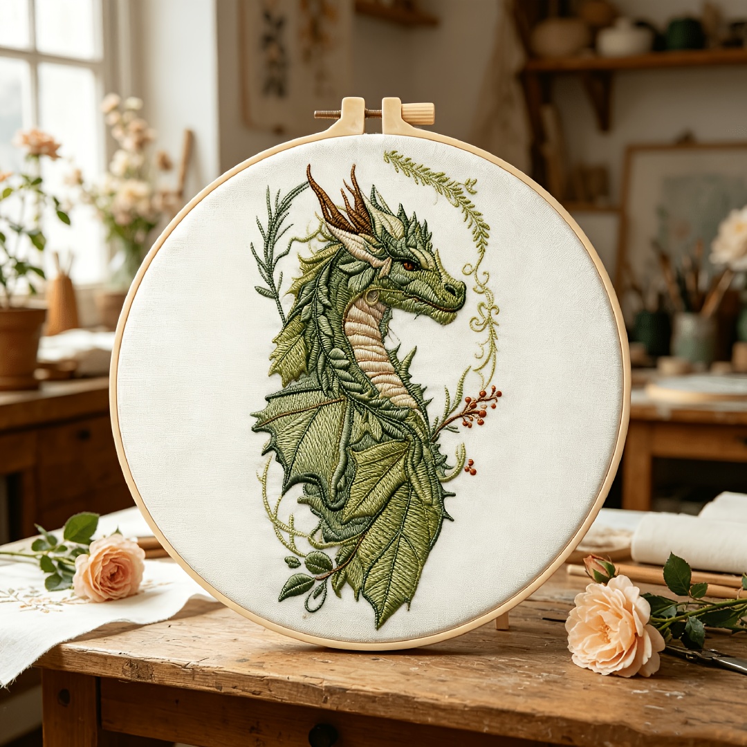 TEMU Adult Beginner Embroidery Kit, Green Dragon And Floral Pattern Hand Embroidery Includes Patterned Canvas, Embroidery Hoop, Manual, And Needles,