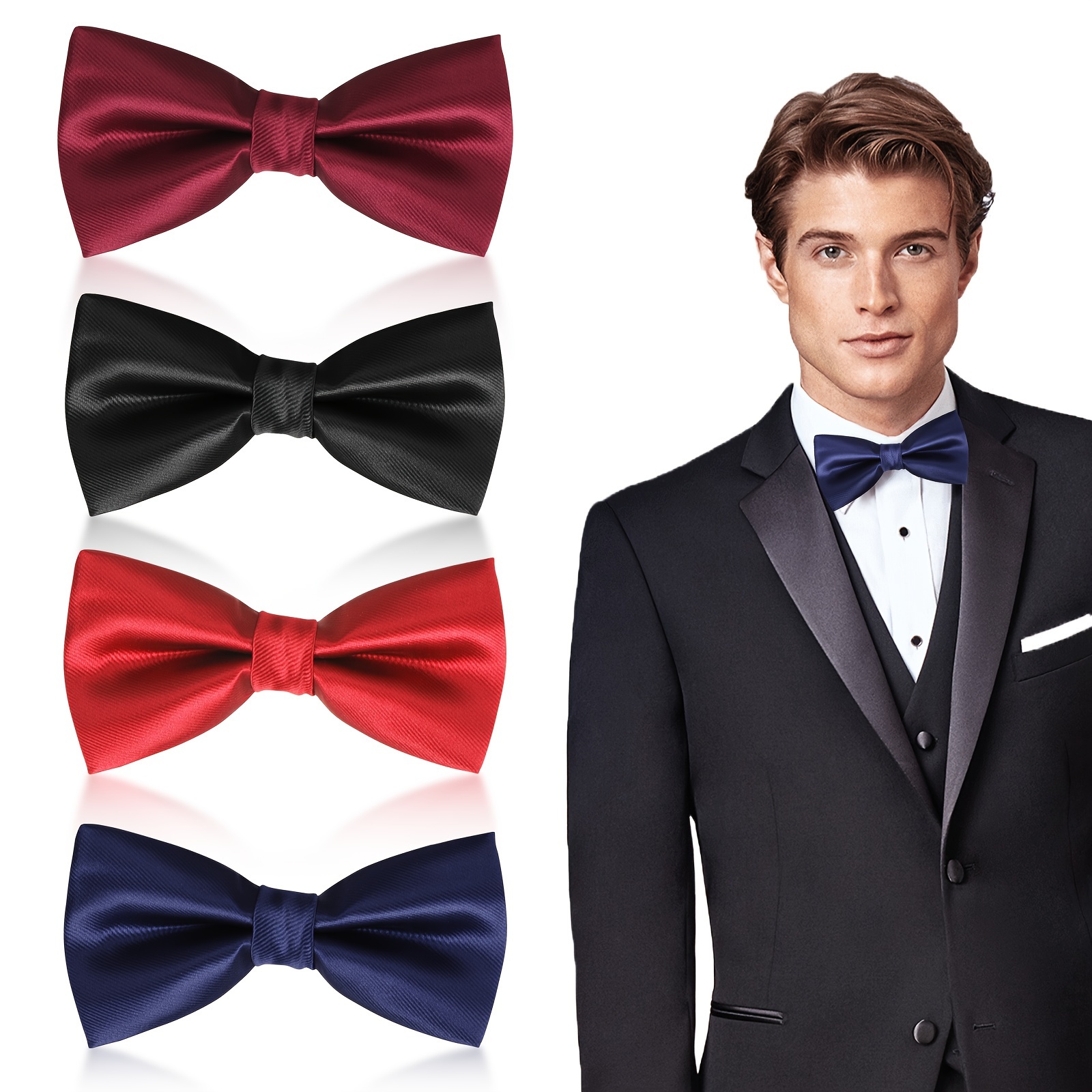 Image of 4pcs/set Solid Color Men's Adult Bow Ties Evening Fashion Suit Additions Gentleman Bow Ties Ribbed Bow Ties Black + Navy Blue + + Burgundy