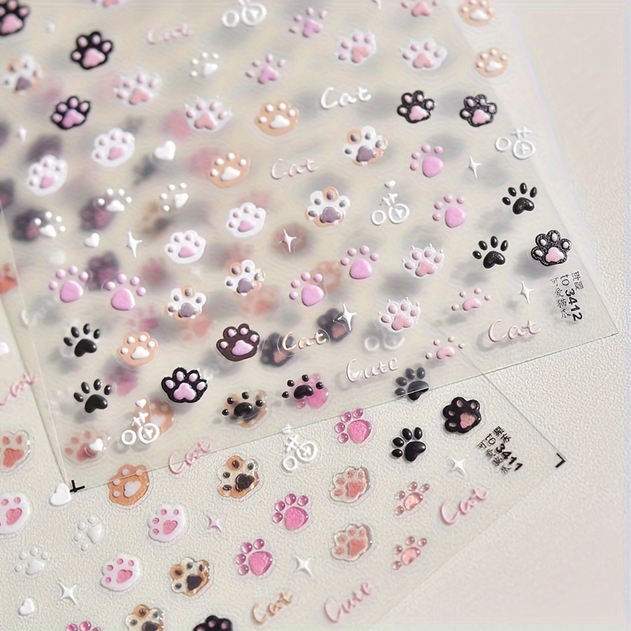 

5d Embossed Nail Art Stickers, Cute Cat Paw Design, Adhesive Decals For Diy Nail Decoration, Plastic, Fashion Manicure Accessories