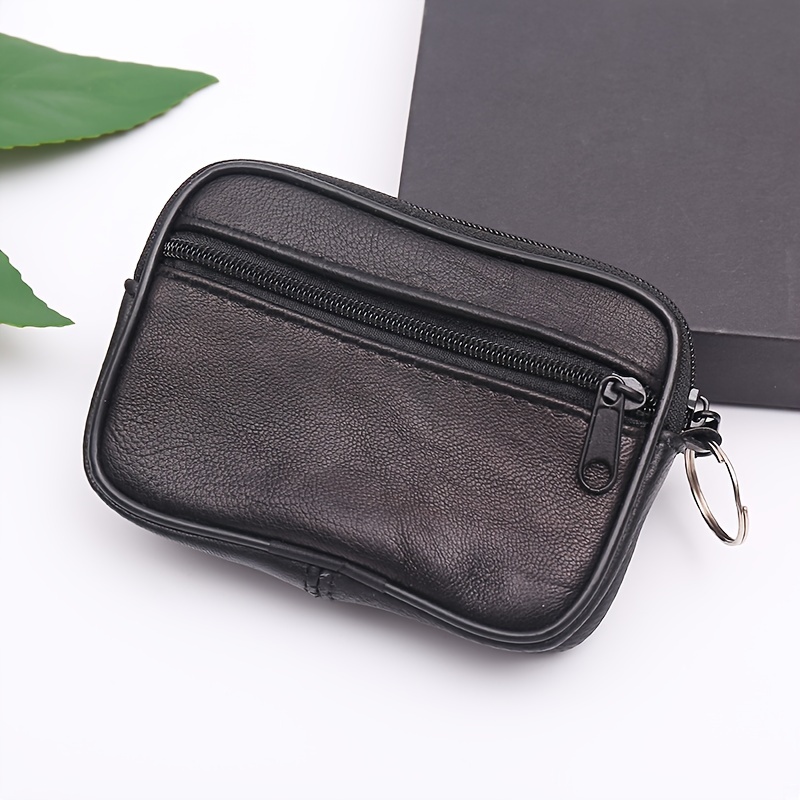 

Genuine Leather Coin Purse, Top Layer Sheepskin Wallet, Key Holder, Card Case, Transit Card Handheld Bag, Small Square Pouch, With Zipper Closure And Keyring