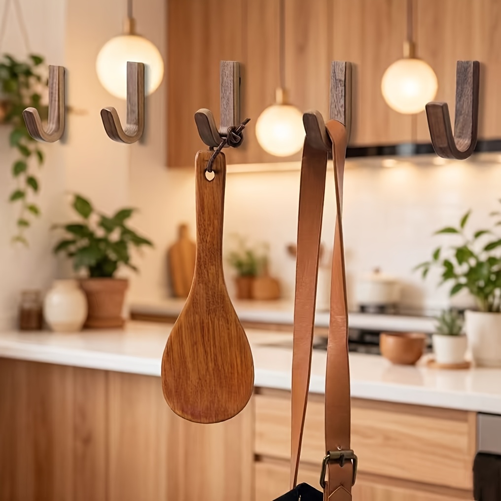 ITECHJOY Wood No-Drill Adhesive Wall Hooks Suitable for Bathrooms - Minimalist Black Walnut Hooks with Adhesive Backing, -Free Installation for Coats, Towels, Robes, Nordic Style for Home Decor, Bath & Entryway Organization