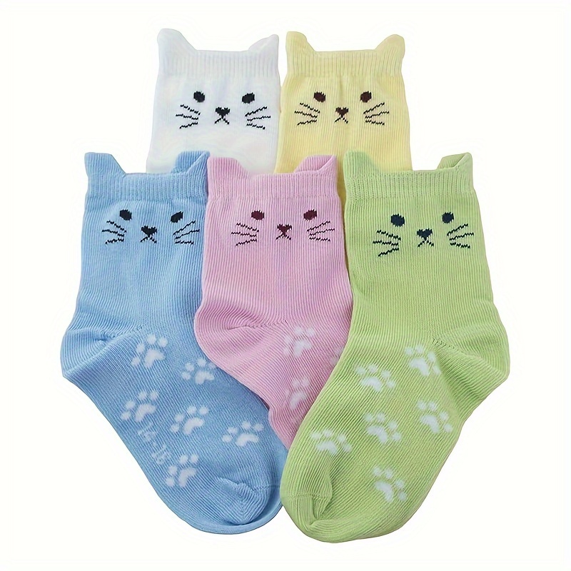 

5 Pairs Of Girl's Cotton Blend Cat Face Pattern Ear Lifting Crew Socks, Comfy Breathable Casual Soft & Elastic Socks, Spring & Summer
