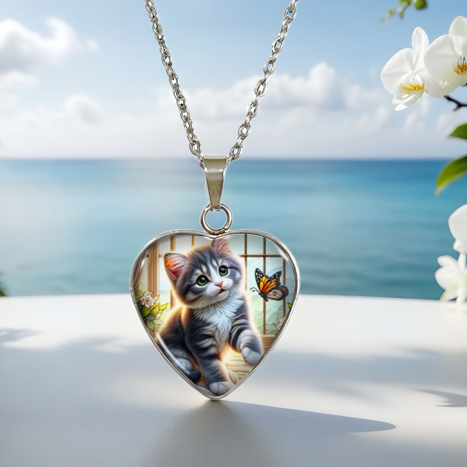 Image of 1pc Cat And Alloy Necklace, Glass Pendant, Fashion With A Pet Theme, Perfect For Weddings, Birthdays, Graduations, Christmas, And Anniversary Gifts