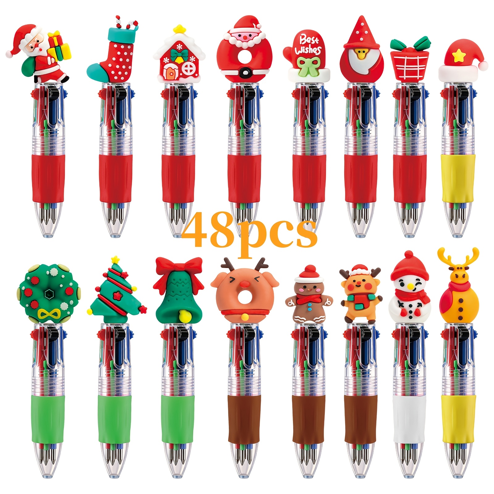 TEMU 48 stuks Kerst Pennen Bulk, Leuke Schattige Bulk Pennen met Kerstman, Sneeuwpop, , Kransen, Rendieren, Kousen, Spekulantjes Ontwerpen, 4-In-1