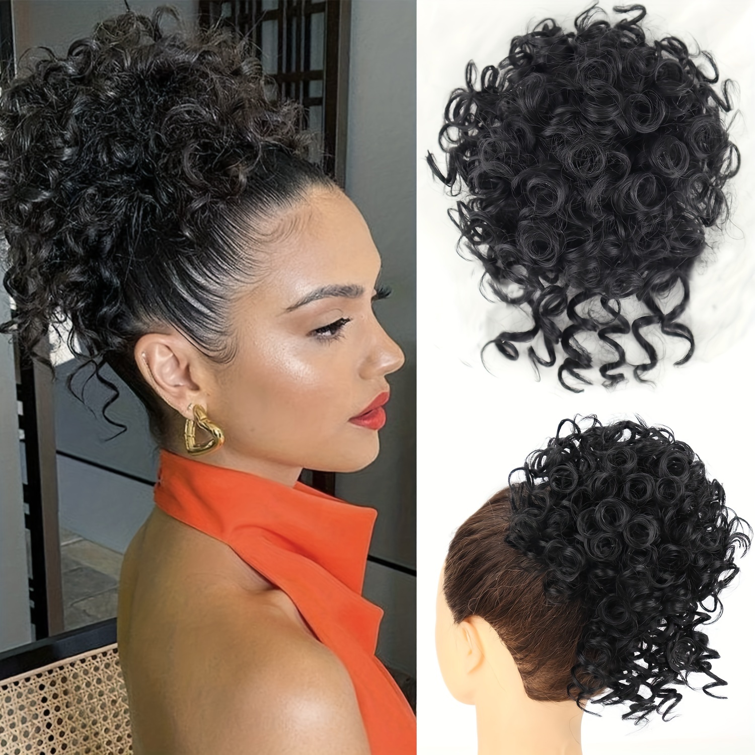 Image of 10 Inch 1 Psc Short Messy Hair Bun With Elastic Drawstring Hair Clip Loose Wavy Big Curly Hair Bun Synthetic Ponytail Hair Extensions For Women Daily Additions Halloween