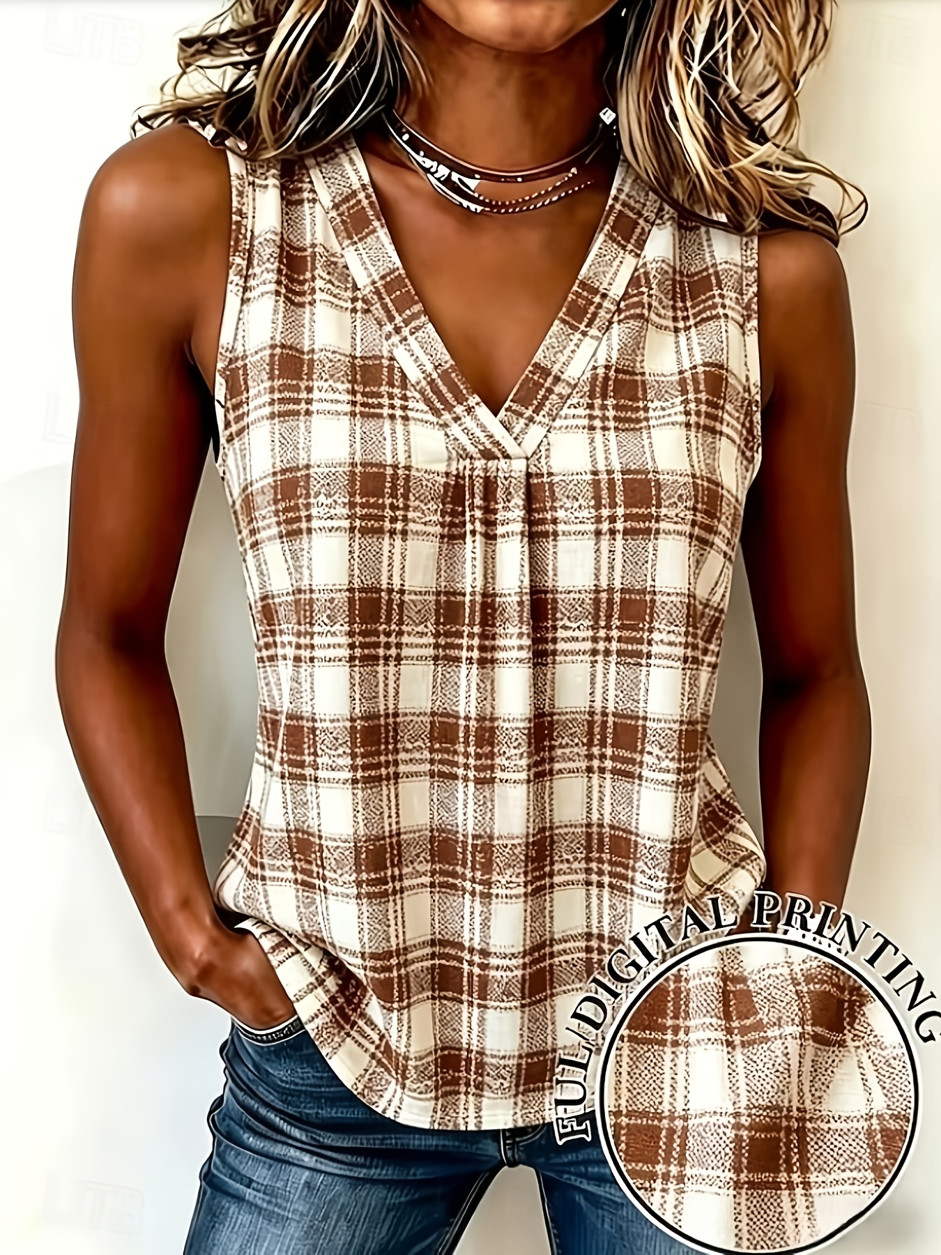 Women's Elegant Vintage Geometric Plaid V-Neck Top
