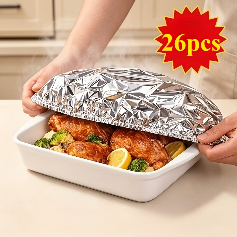 TEMU 26pcs Pack Reusable Extra Large Aluminum Foil Food Covers, Heat-resistant And Insulating Adjustable Design, Smooth Reflective Surface, Suitable