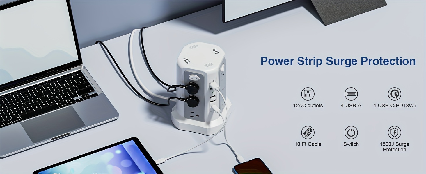 Angled Flat Plug 12 AC Outlets Power Strip Tower with USB C Port(PD18W/PD20W), Surge Protector Power Tower with 5 USB Ports, Extension Cord Desktop Power Strip for Home Office DormRoom