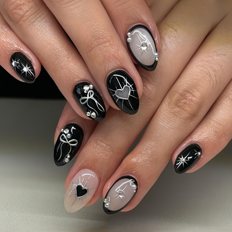 E-shop Kurze ovale Press-On-Nägel Schwarz mit Herzförmiger Schleife & 3D-Strass Vollabdeckung Nägel Valentinstag-Stil Herbst- Winternägel geeignet für