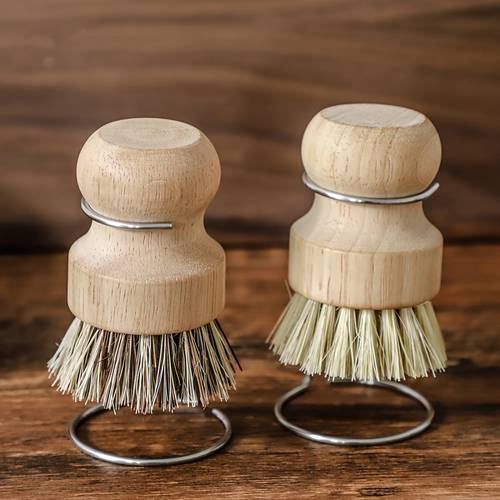 brush made of natural wood for pots and bowls featuring a draining stand and plant fiber bristles
