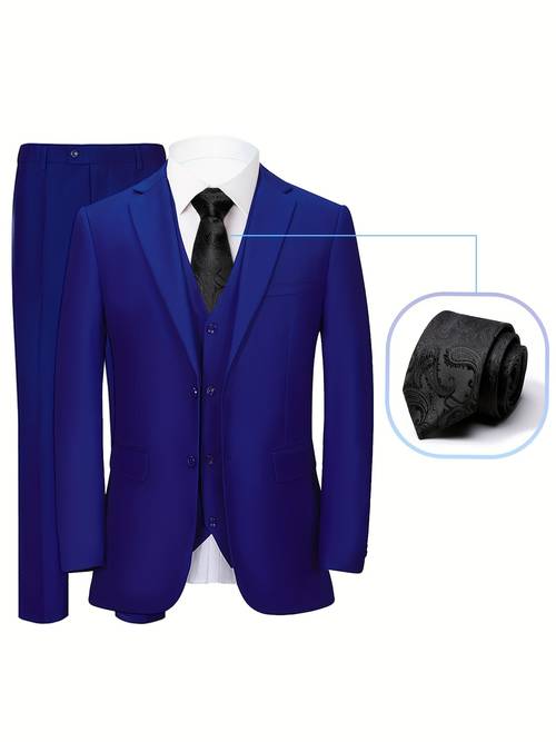 mens 4pcs suit tie vest pants two button lapel collar flap pockets plain color classic formal wear elegant suit coat for business interview wedding dinner party